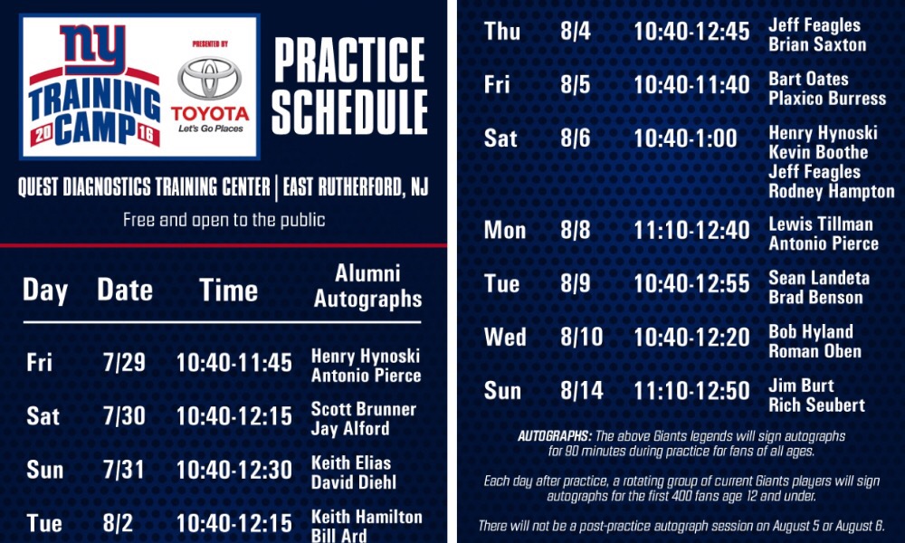 Giants Training Camp Schedule Announced