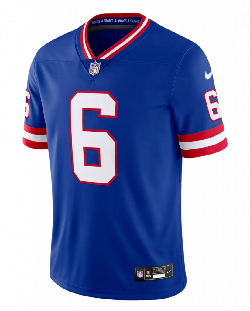 Blue Nfl Football Jersey with a Large White Number 6 Outlined in Red Red and White Sleeve Stripes and a Nike Swoosh on the Left Sleeve