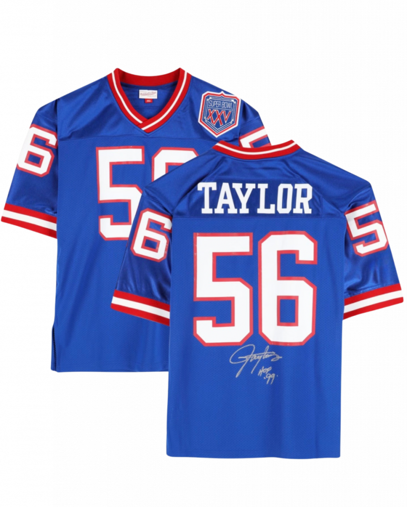 Blue Football Jersey Fronts and Backs with White 56 Numerals and Red Trim Back Shows Taylor and Autograph